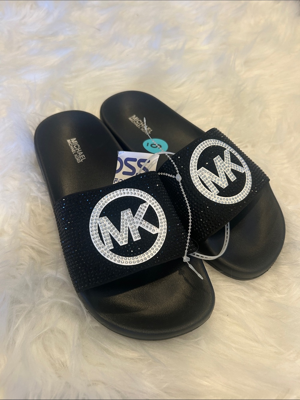 Michael Kors Black Rhinestone MK Slide Sandals
